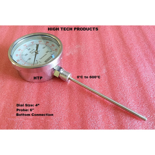Temperature Gauge 600°C, Chrome Body Dial Size 4 Inch, Bottom Connection, Reliable Quality in